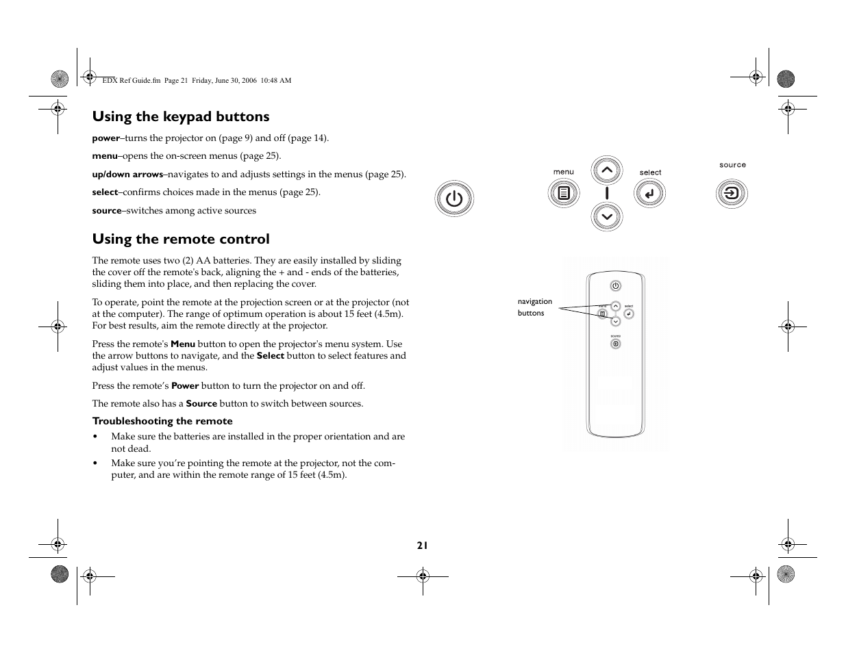 Using the keypad buttons, Using the remote control | Ask Proxima W400 User Manual | Page 22 / 49