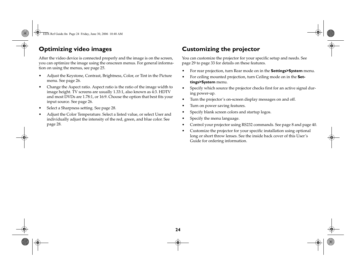Optimizing video images, Customizing the projector | Ask Proxima W400 User Manual | Page 25 / 49