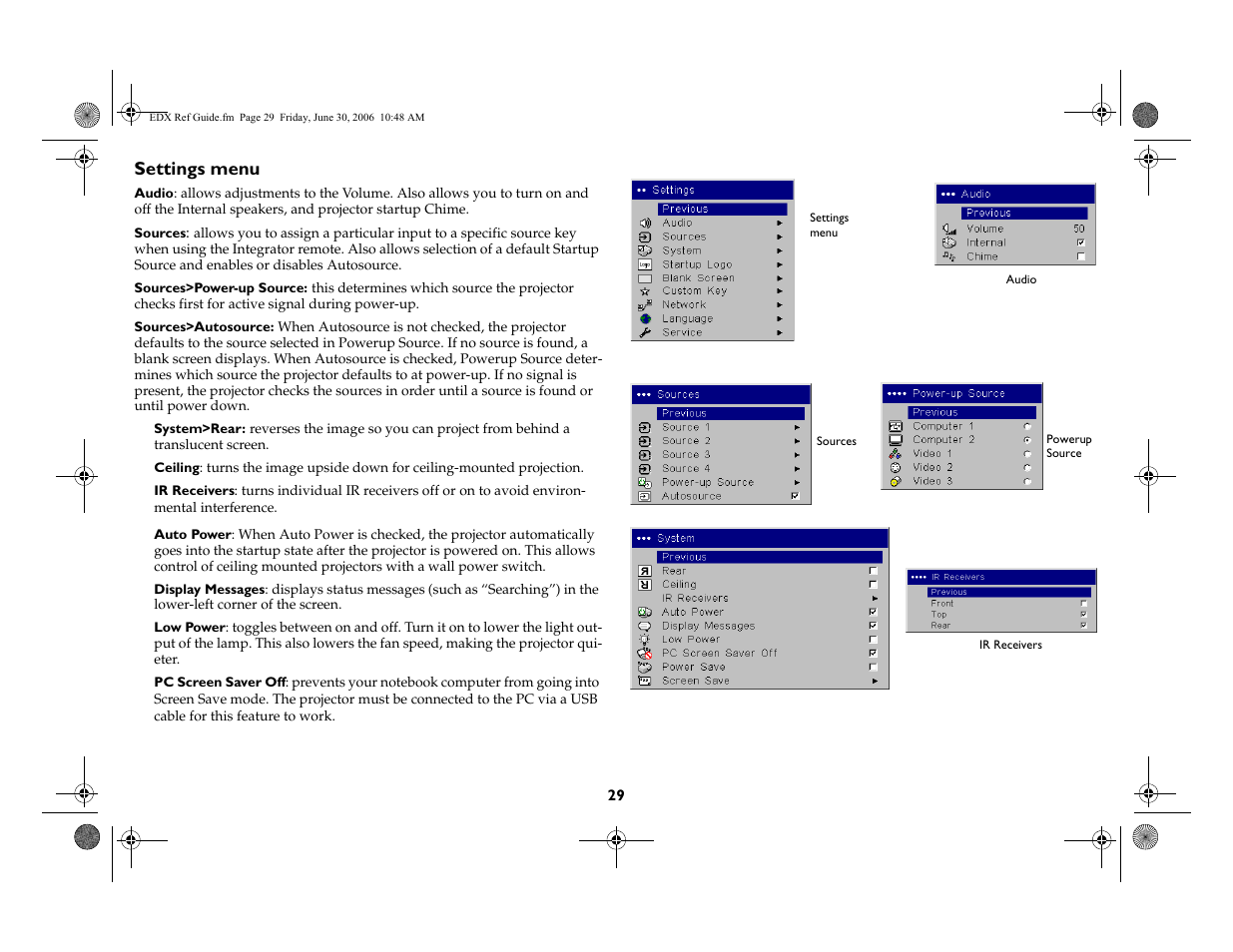 Settings menu | Ask Proxima W400 User Manual | Page 30 / 49
