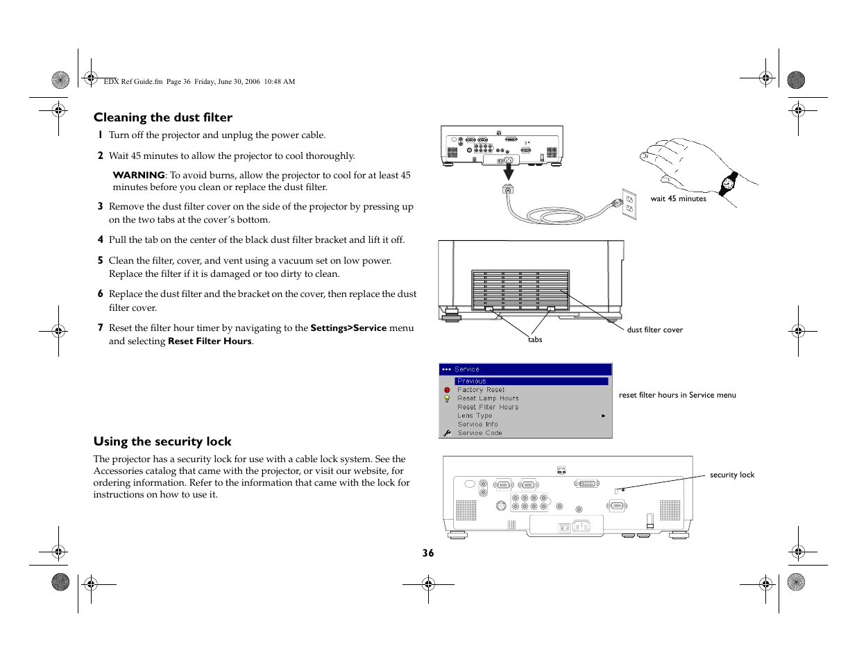 Cleaning the dust filter, Using the security lock | Ask Proxima W400 User Manual | Page 37 / 49