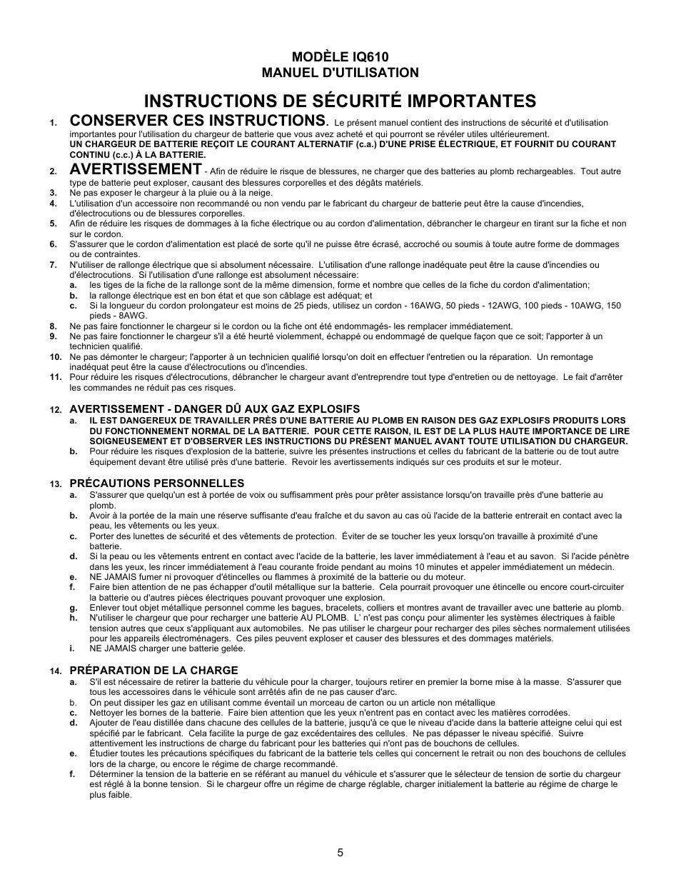 Instructions de sécurité importantes, Conserver ces instructions, Avertissement | Modèle iq610 manuel d'utilisation | Quick Cable IQ610 User Manual | Page 5 / 12