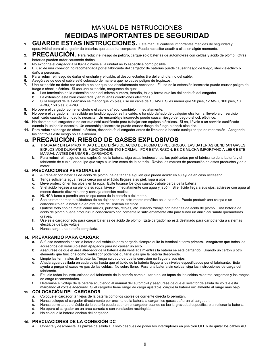 Medidas importantes de seguridad, Manual de instrucciones, Guarde estas instrucciones | Precaución, Precaución. riesgo de gases explosivos | Quick Cable Q600 User Manual | Page 9 / 12