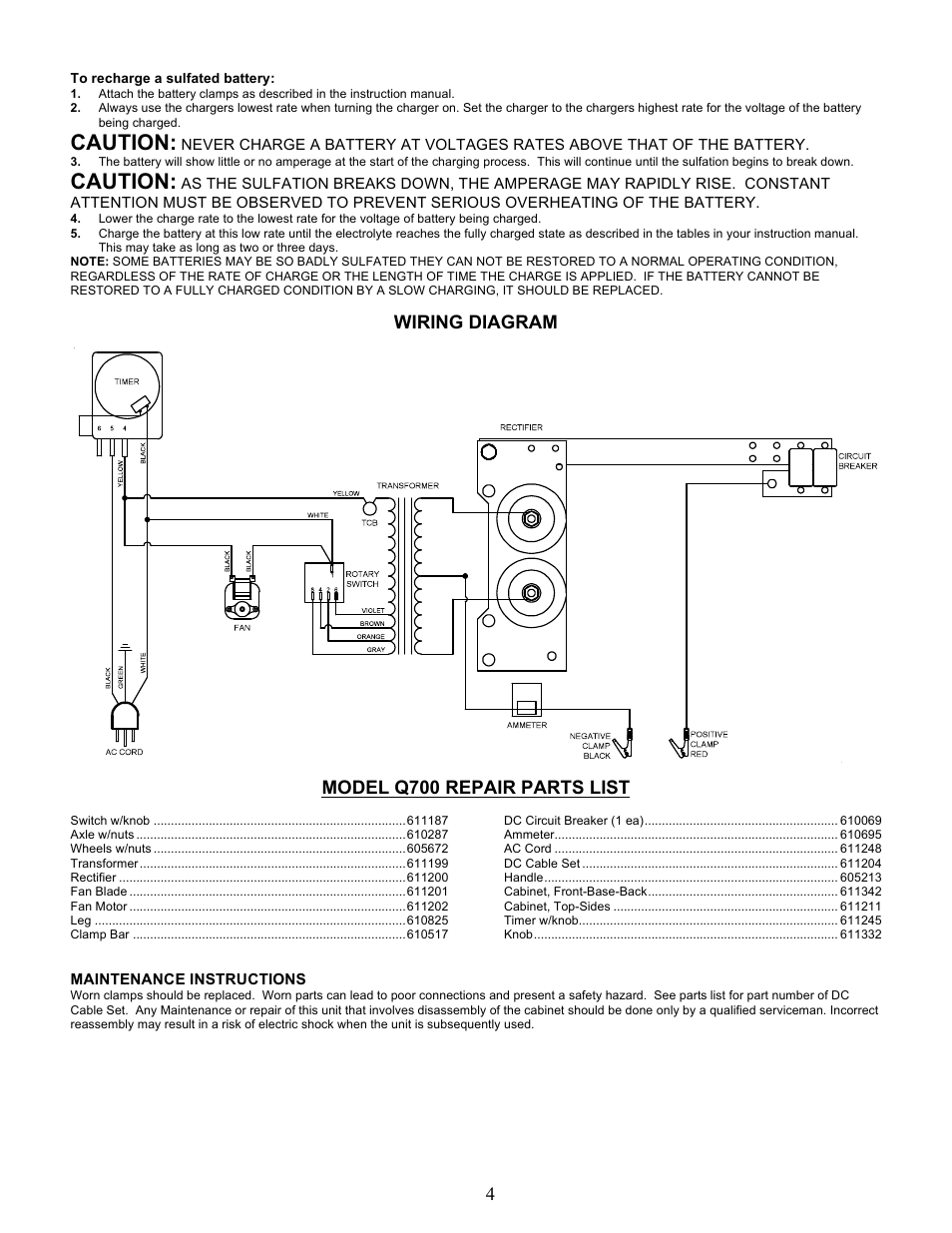 Caution, Wiring diagram, Model q700 repair parts list | Quick Cable Q700 User Manual | Page 4 / 12