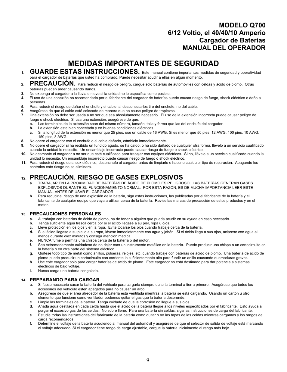 Medidas importantes de seguridad, Guarde estas instrucciones, Precaución | Precaución. riesgo de gases explosivos | Quick Cable Q700 User Manual | Page 9 / 12