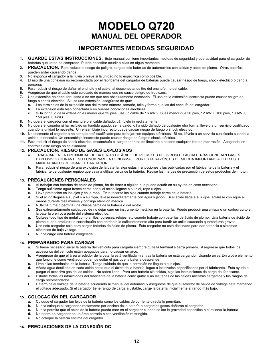 Modelo q720, Manual del operador, Importantes medidas seguridad | Quick Cable Q720 User Manual | Page 12 / 18