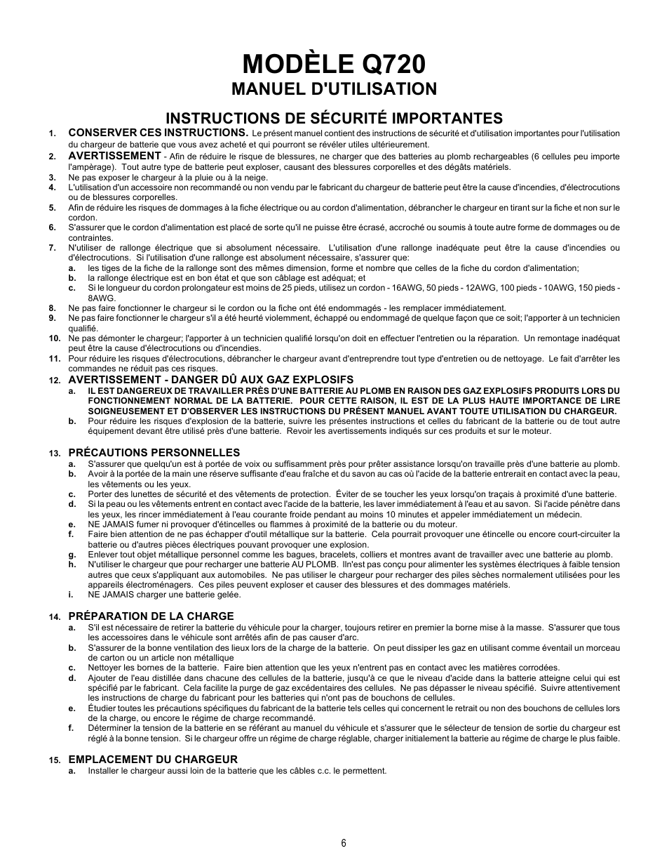 Modèle q720, Manuel d'utilisation, Instructions de sécurité importantes | Quick Cable Q720 User Manual | Page 6 / 18