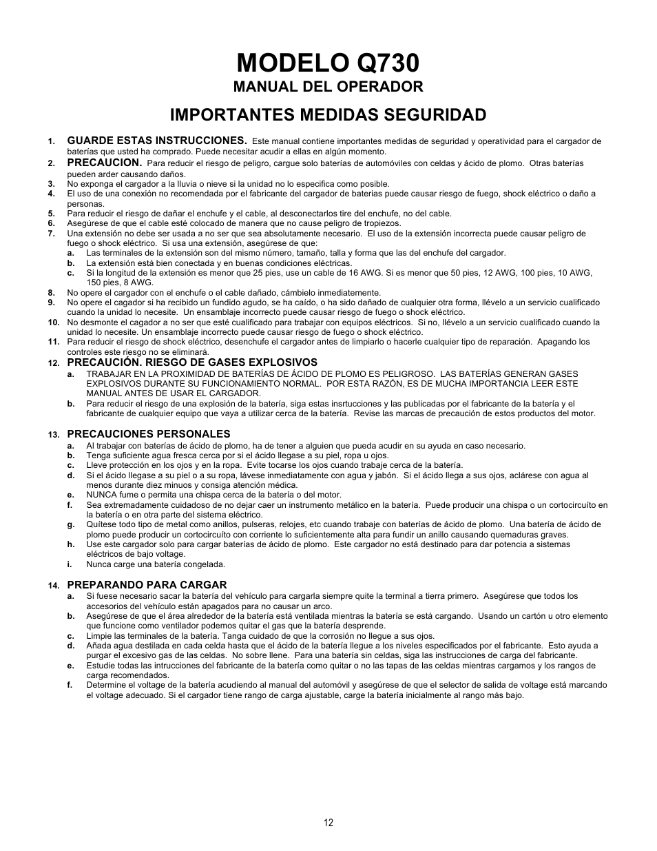 Modelo q730, Importantes medidas seguridad, Manual del operador | Quick Cable Q730 User Manual | Page 12 / 19