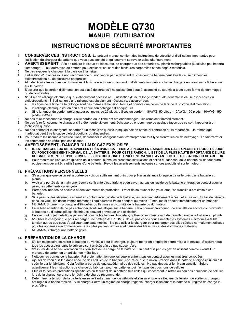 Modèle q730, Instructions de sécurité importantes, Manuel d'utilisation | Quick Cable Q730 User Manual | Page 6 / 19