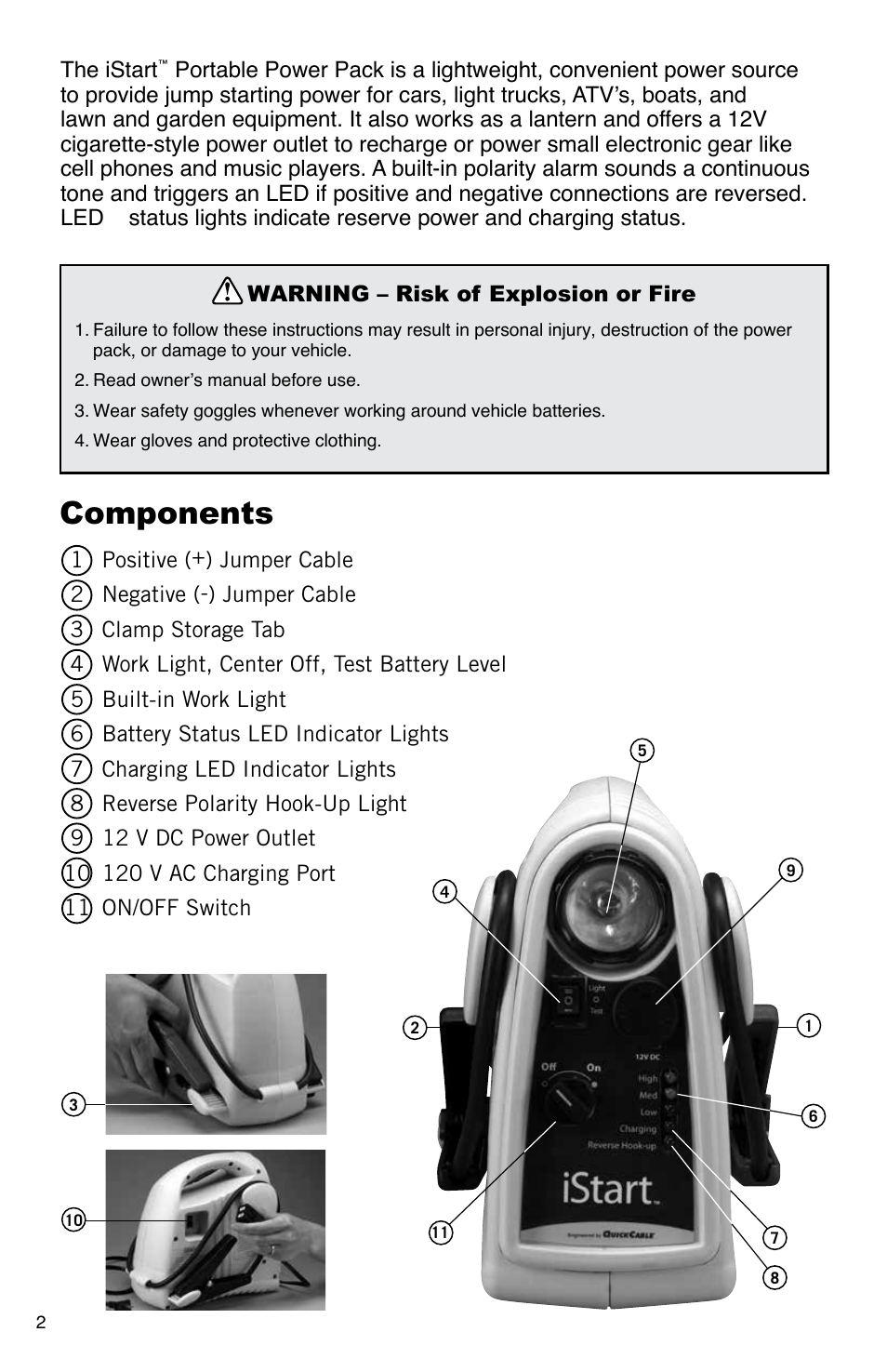 Components, The istart, Warning – risk of explosion or fire | Quick Cable iStart User Manual | Page 2 / 16