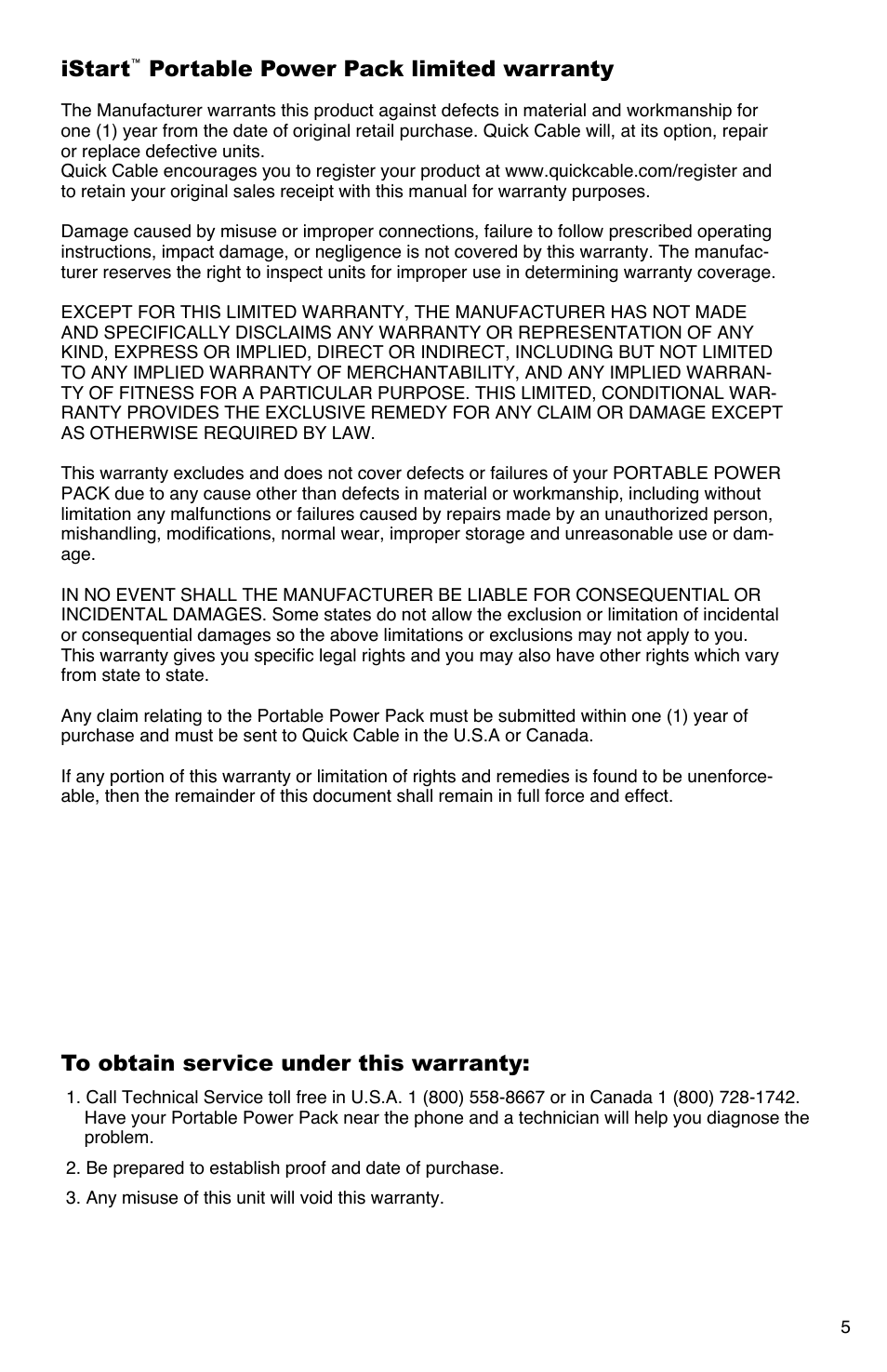 Portable power pack limited warranty | Quick Cable iStart User Manual | Page 5 / 16
