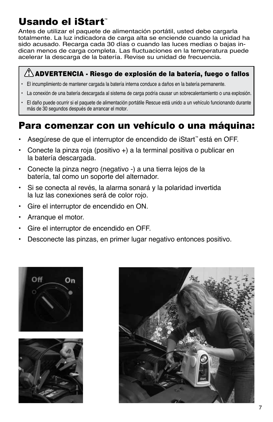 Usando el istart, Para comenzar con un vehículo o una máquina | Quick Cable iStart User Manual | Page 7 / 16