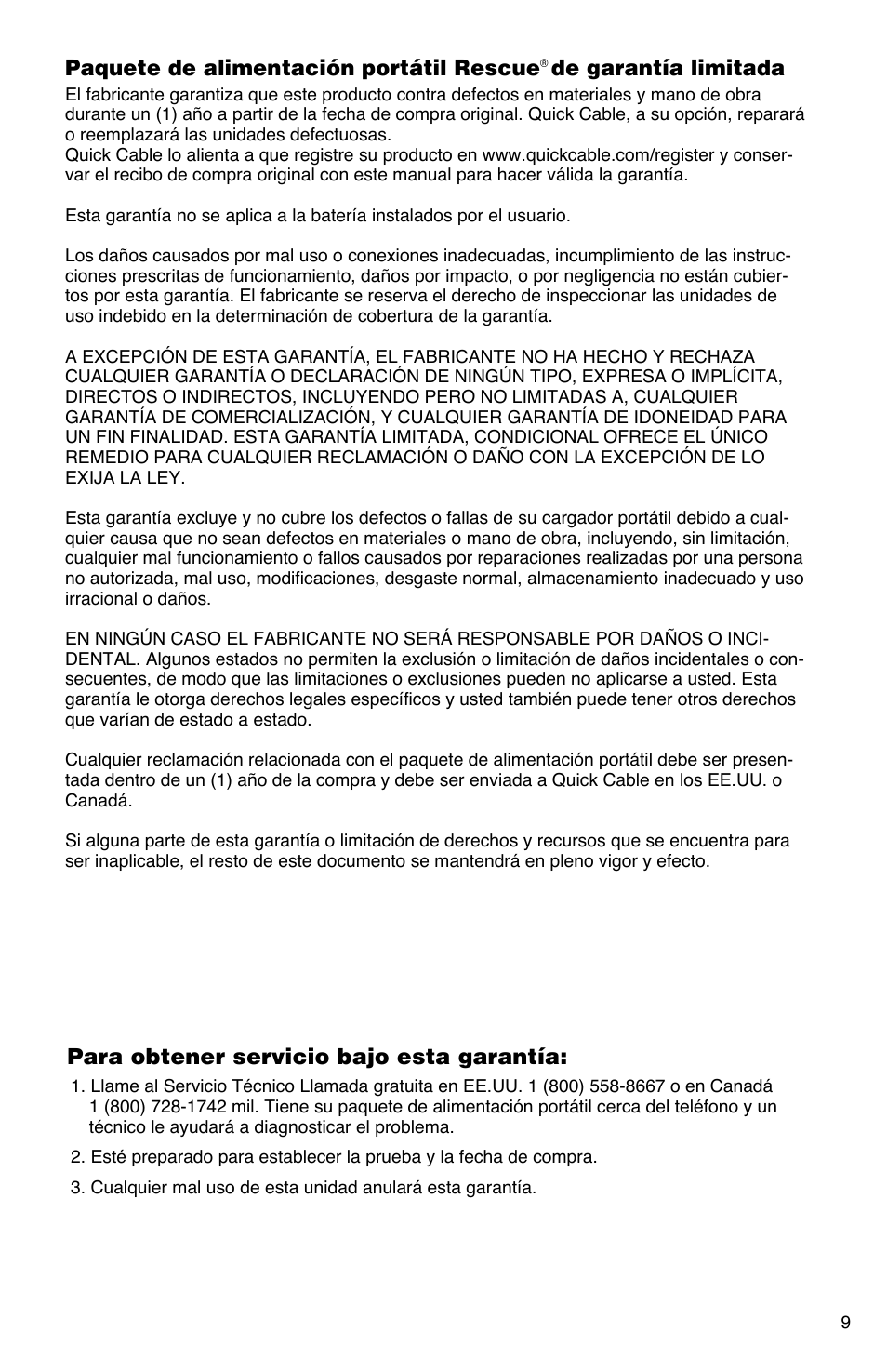 De garantía limitada | Quick Cable 910 User Manual | Page 9 / 16