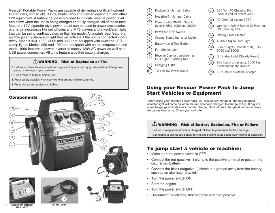 Using your rescue, Power pack to jump start vehicles or equipment, Components | Quick Cable 3050 User Manual | Page 2 / 9