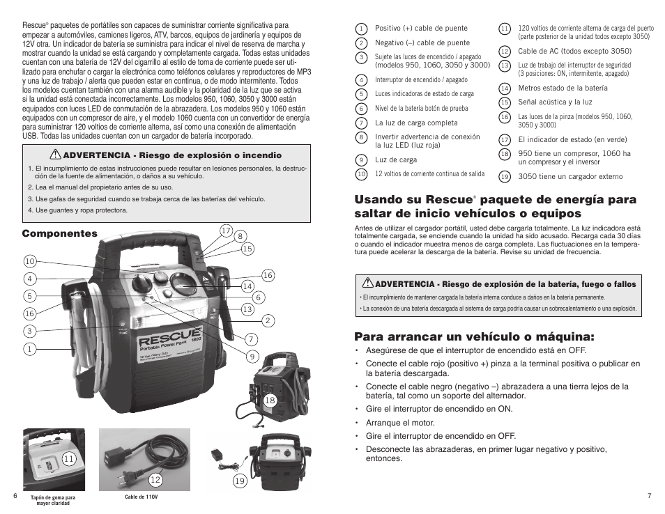 Usando su rescue, Para arrancar un vehículo o máquina, Componentes | Quick Cable 3050 User Manual | Page 4 / 9