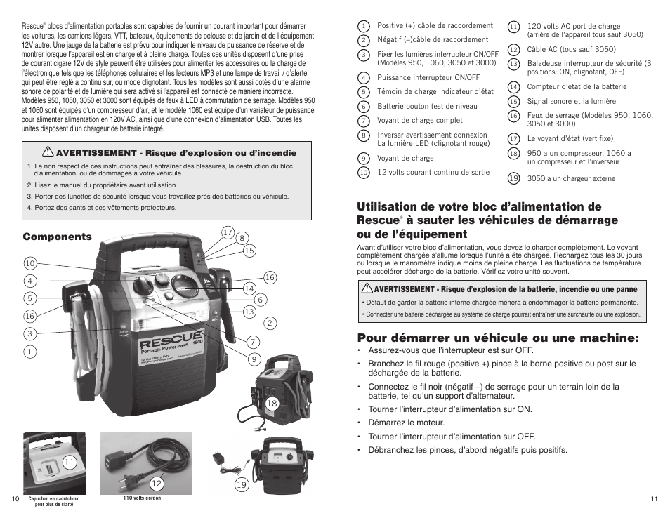Utilisation de votre bloc d’alimentation de rescue, Pour démarrer un véhicule ou une machine, Components | Quick Cable 3050 User Manual | Page 6 / 9