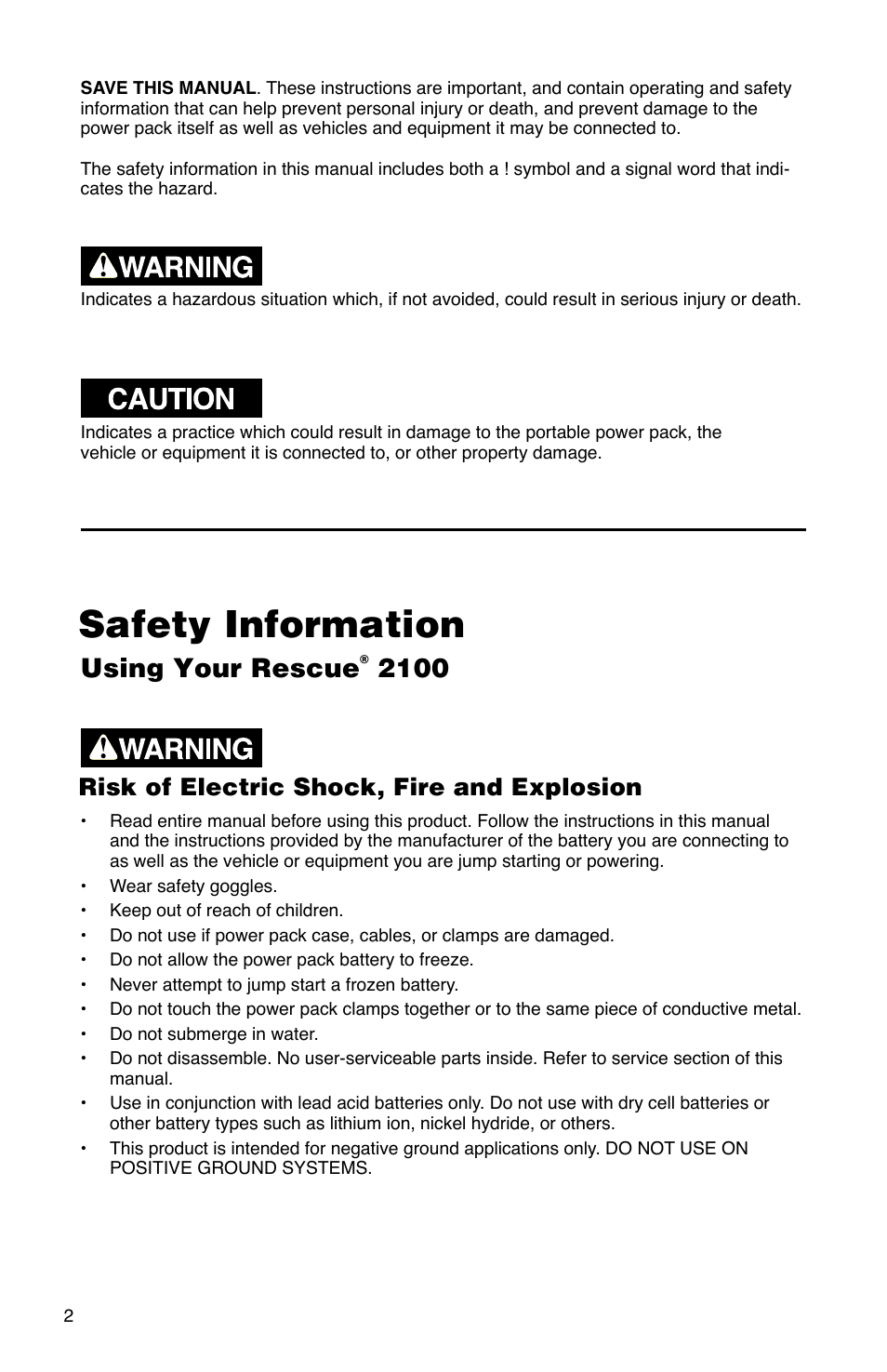 Safety information, Using your rescue, Risk of electric shock, fire and explosion | Quick Cable 2100 User Manual | Page 2 / 20
