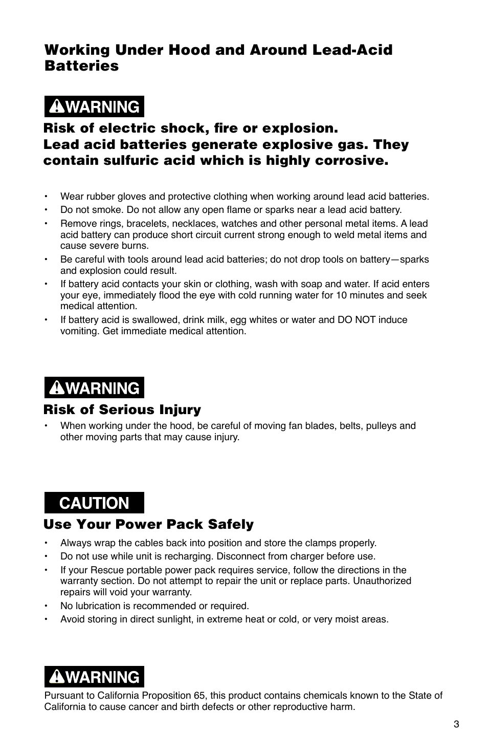 Working under hood and around lead-acid batteries | Quick Cable 2100 User Manual | Page 3 / 20