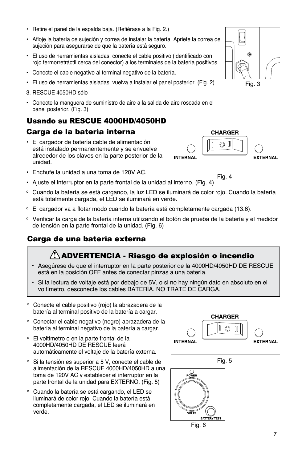 Carga de la batería interna, Advertencia - riesgo de explosión o incendio | Quick Cable 4050HD User Manual | Page 7 / 16