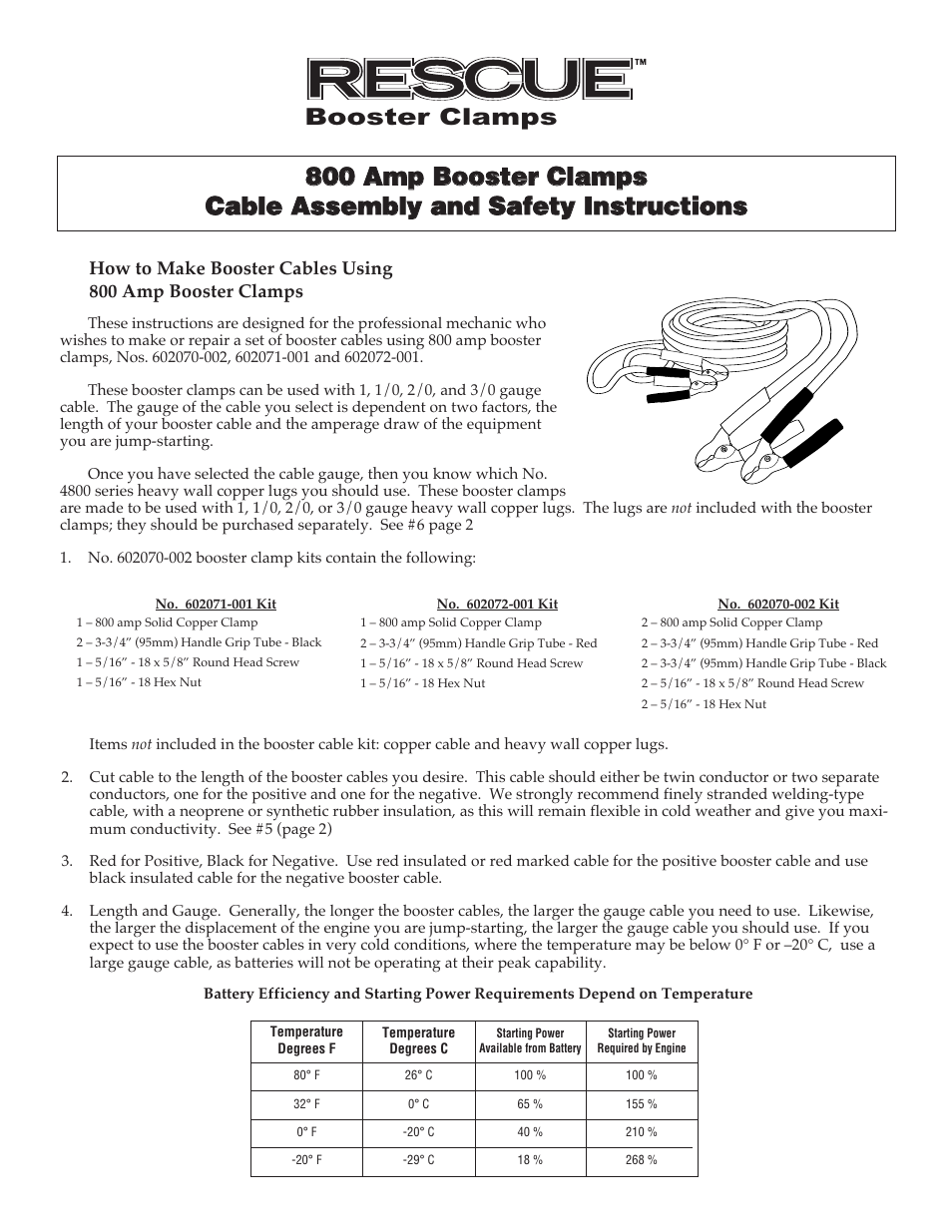Quick Cable 800 Amp Booster Clamps Cable Assembly and Safety User Manual | 4 pages
