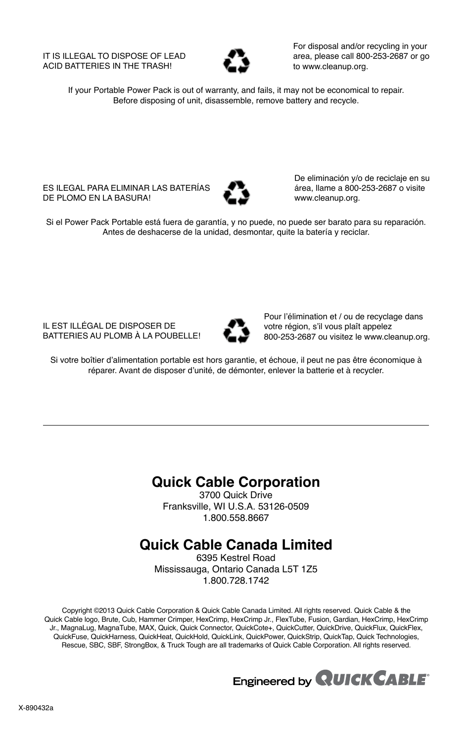Quick cable corporation, Quick cable canada limited | Quick Cable 1220 Portable Power Pack User Manual | Page 9 / 9