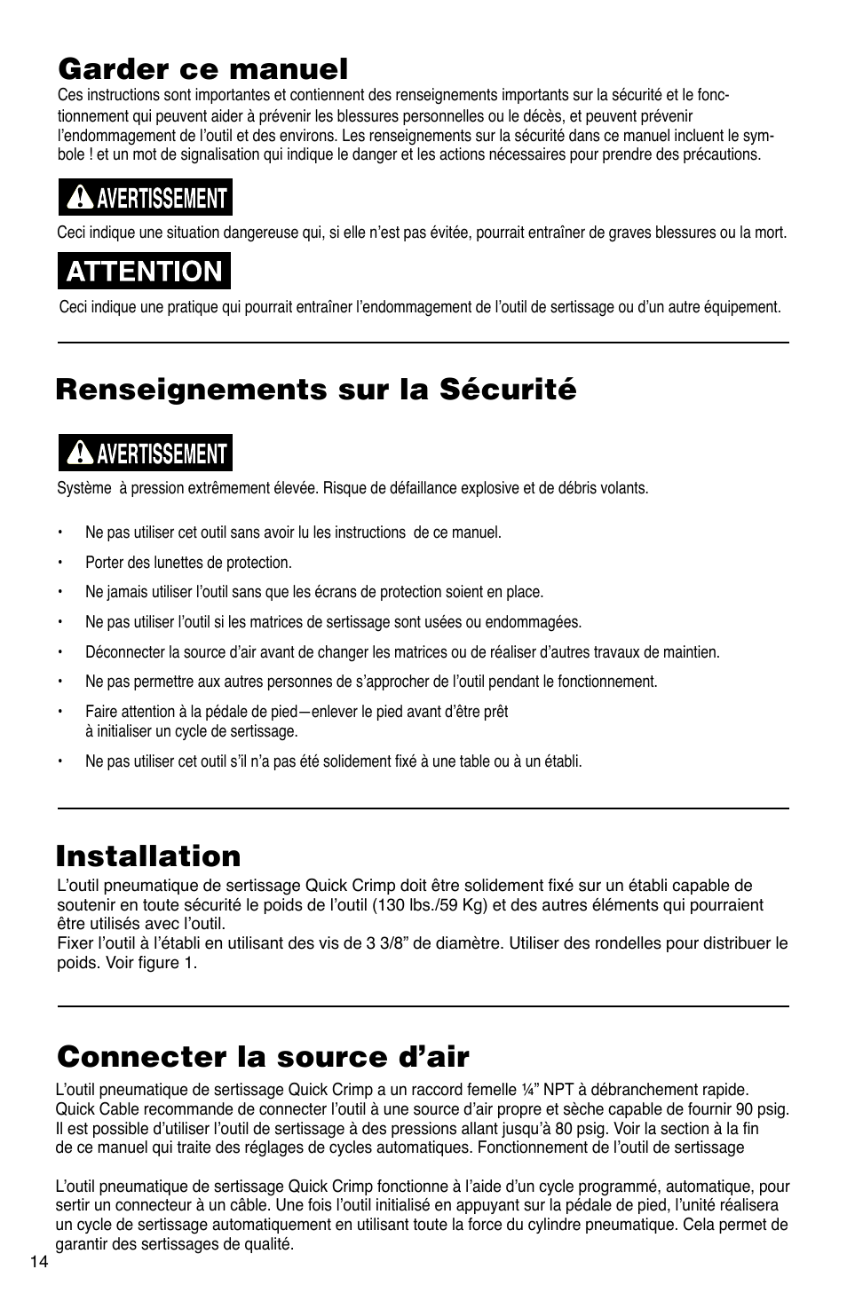 Garder ce manuel | Quick Cable Quick Crimp Pneumatic Crimper User Manual | Page 14 / 20