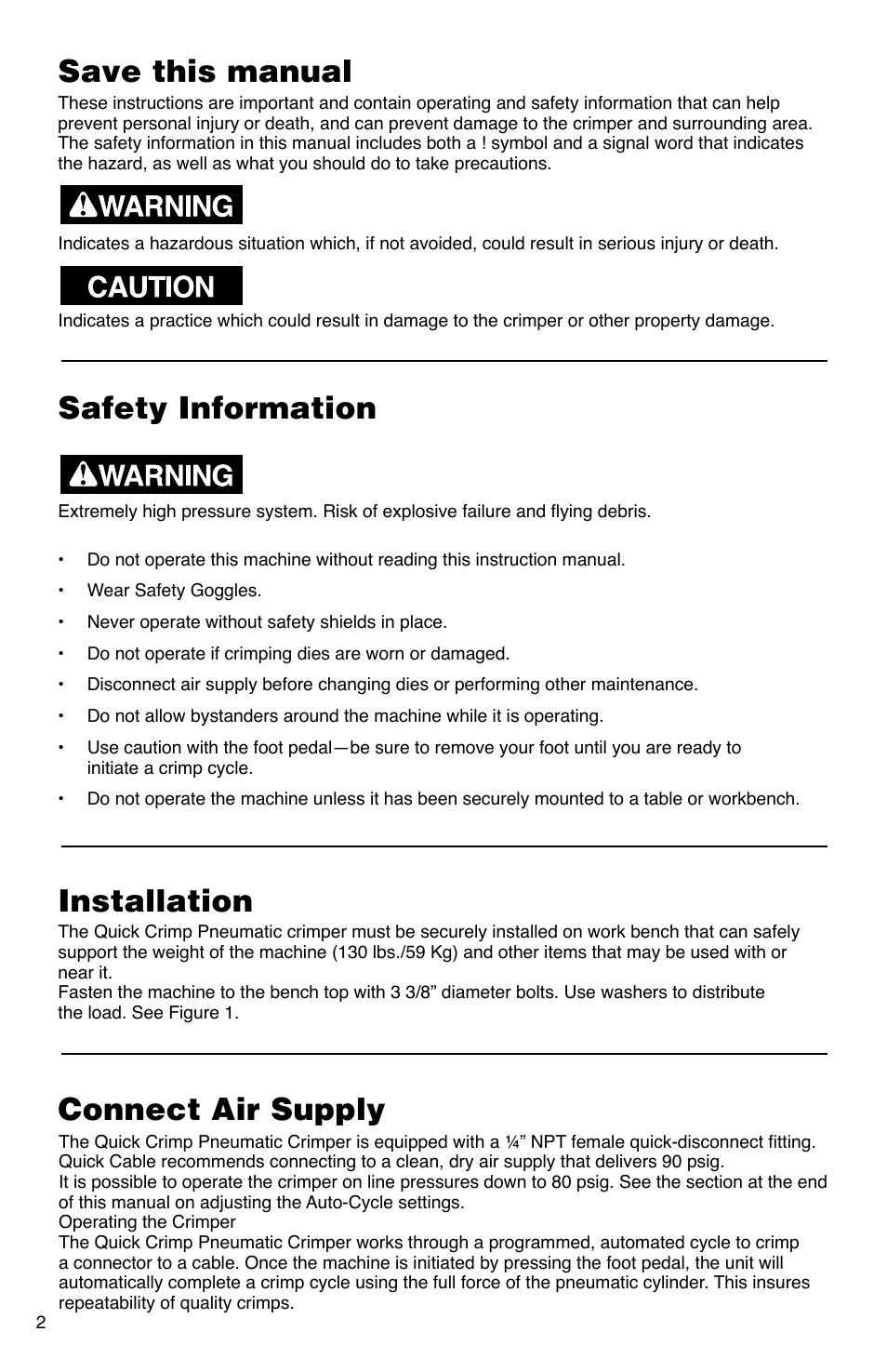 Save this manual, Safety information installation connect air supply | Quick Cable Quick Crimp Pneumatic Crimper User Manual | Page 2 / 20