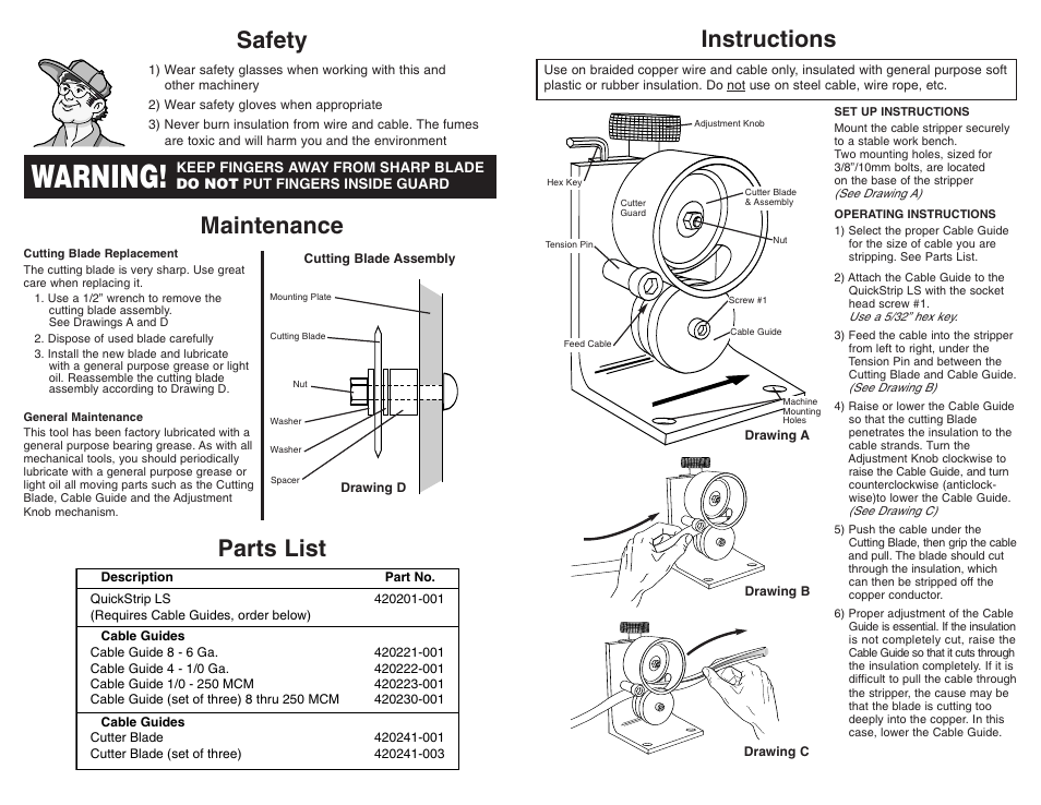 Warning, Safety instructions maintenance, Parts list | Quick Cable QuickStrip LS User Manual | Page 2 / 2