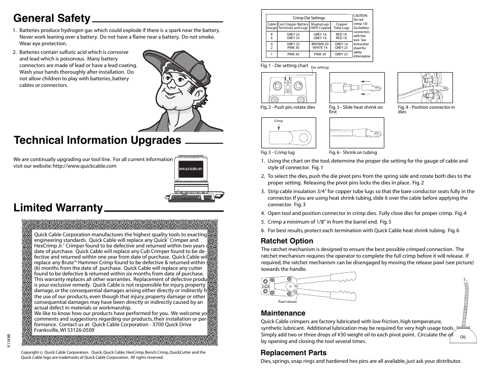 Technical information upgrades, Limited warranty, General safety | Maintenance, Replacement parts, Pur 71, Pur 71 ratchet option | Quick Cable Hex Crimp Jr. User Manual | Page 2 / 2