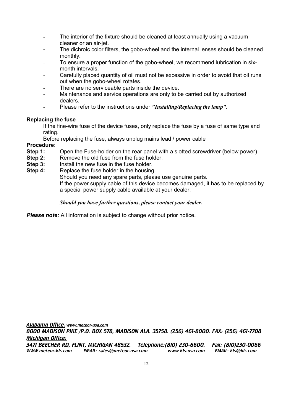 Meteor ProMover 250 User Manual | Page 12 / 12