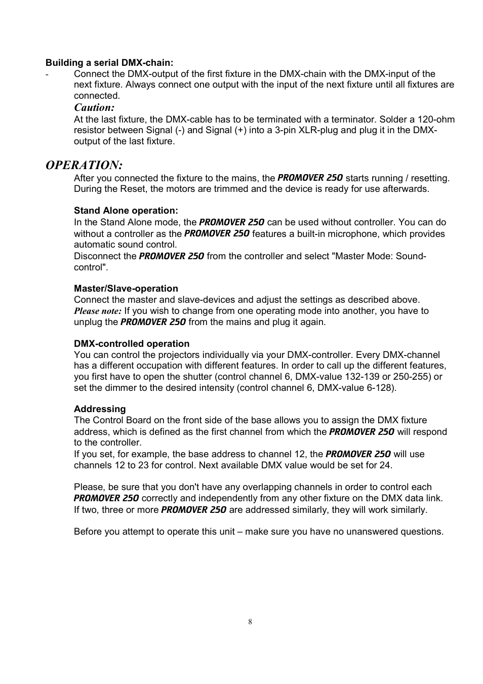 Operation | Meteor ProMover 250 User Manual | Page 8 / 12
