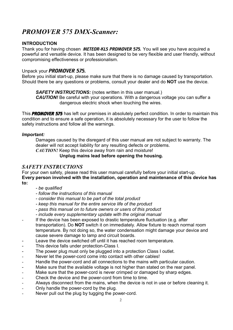 Promover 575 dmx-scanner | Meteor ProMover 575 User Manual | Page 2 / 12