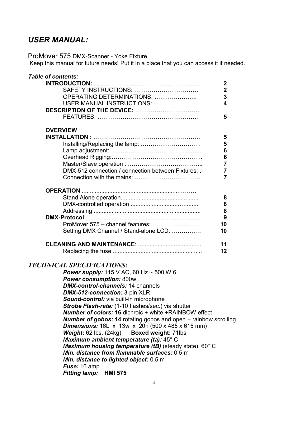 User manual | Meteor ProMover 575 User Manual | Page 4 / 12