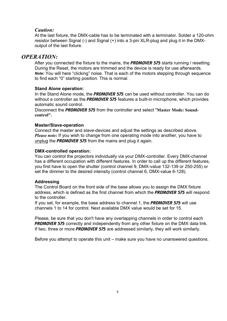 Operation, Caution | Meteor ProMover 575 User Manual | Page 8 / 12