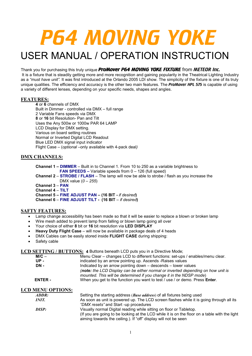 Meteor ProMover P64 User Manual | 3 pages