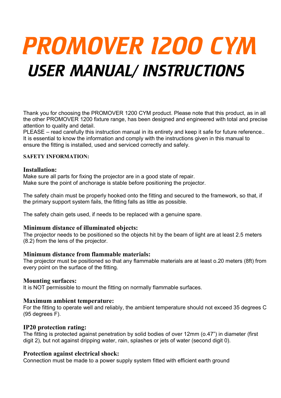Meteor ProMover 1200 CYM User Manual | 8 pages