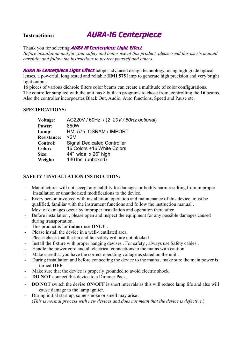 Meteor Aurora 16 User Manual | 2 pages