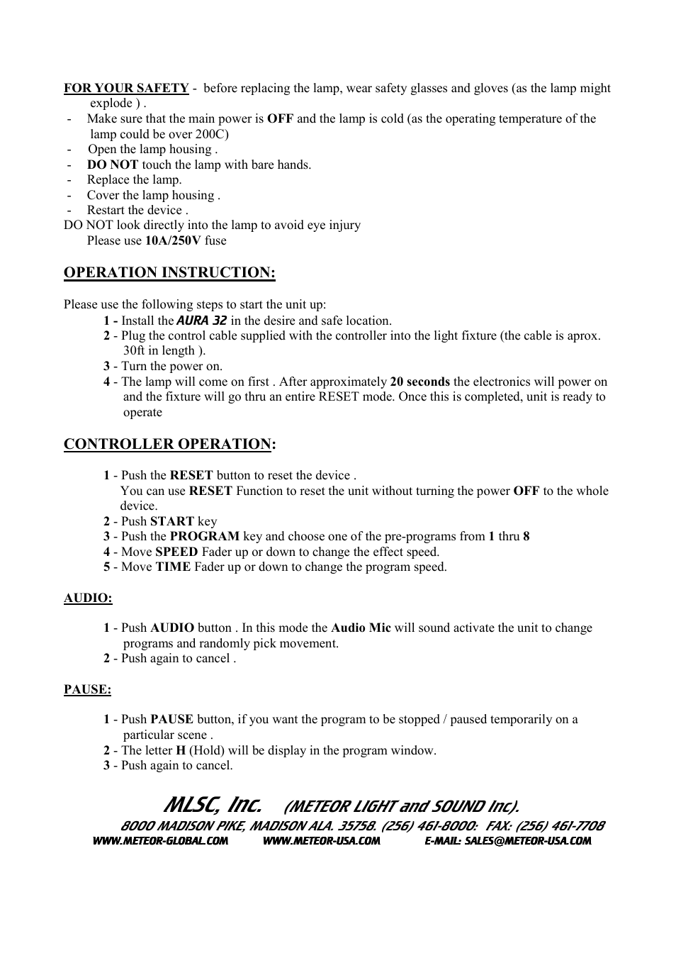 Mlsc, inc, Meteor light and sound inc), Operation instruction | Controller operation | Meteor Aurora 16 User Manual | Page 2 / 2