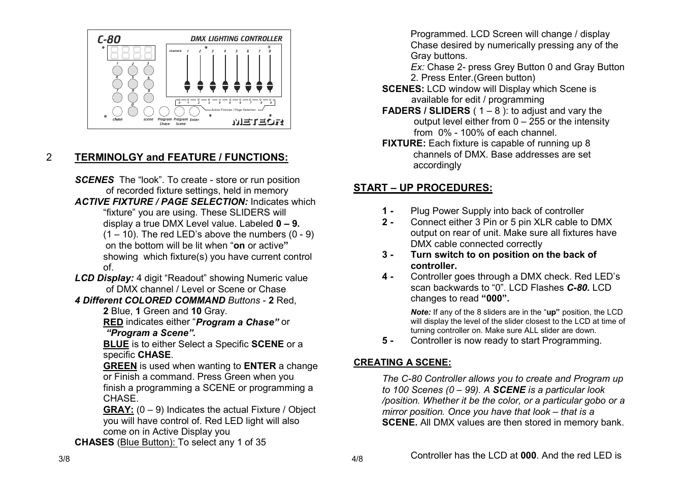 C-80, 2terminolgy and feature / functions, Start – up procedures | Meteor C-80 DMX Controller User Manual | Page 2 / 4