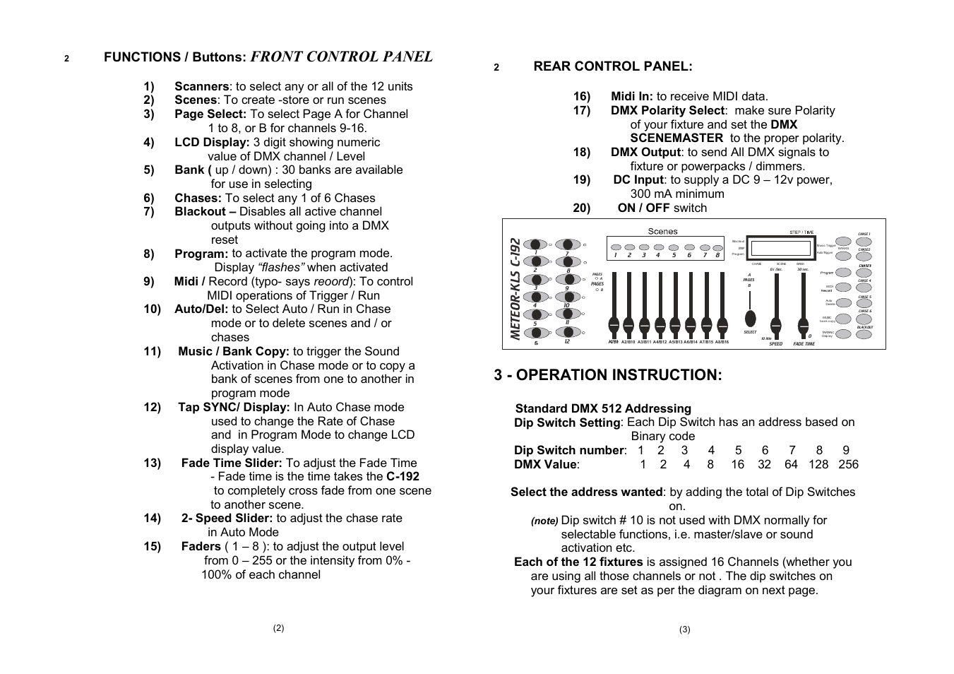 Front control panel, 3 - operation instruction, Functions / buttons | Rear control panel, 20) on / off switch | Meteor C192 Controller User Manual | Page 2 / 7