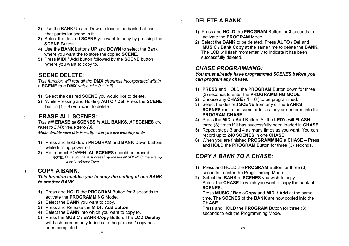 Scene delete, Erase all scenes, Copy a bank | Delete a bank, Chase programming, Copy a bank to a chase | Meteor C192 Controller User Manual | Page 4 / 7