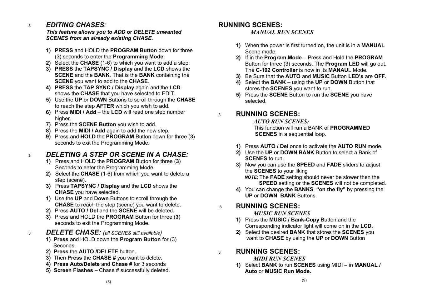 Editing chases, Deleting a step or scene in a chase, Delete chase | Running scenes | Meteor C192 Controller User Manual | Page 5 / 7