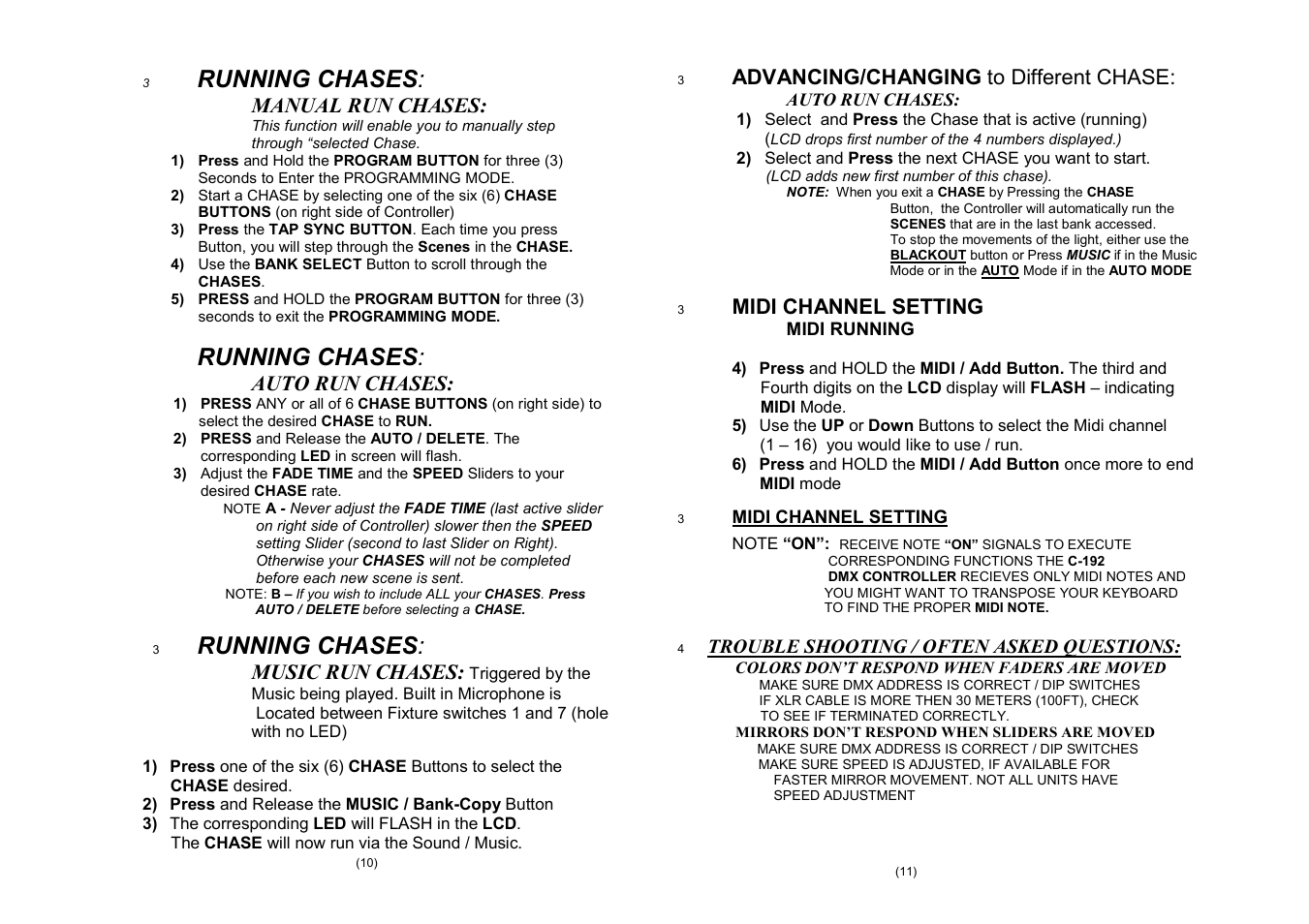 Running chases, Manual run chases, Auto run chases | Music run chases, Advancing/changing to different chase, Midi channel setting, Trouble shooting / often asked questions | Meteor C192 Controller User Manual | Page 6 / 7