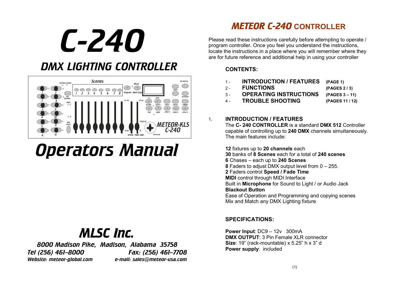 Meteor C240 F Controller User Manual | 7 pages