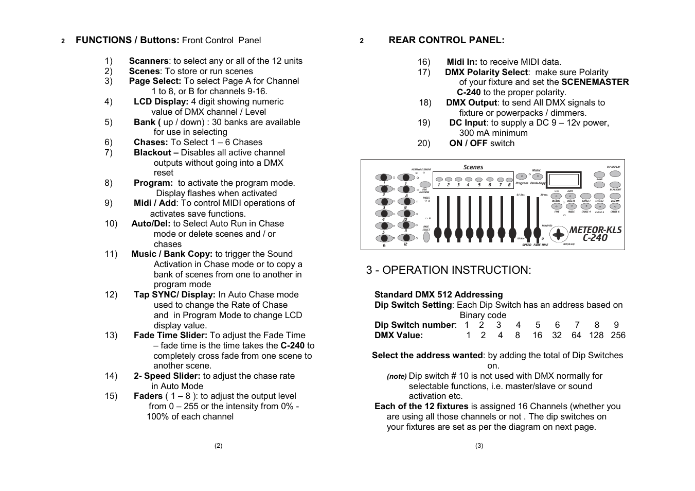 3 - operation instruction, Functions / buttons, Rear control panel | Meteor-kls c-240, 20) on / off switch | Meteor C240 F Controller User Manual | Page 2 / 7