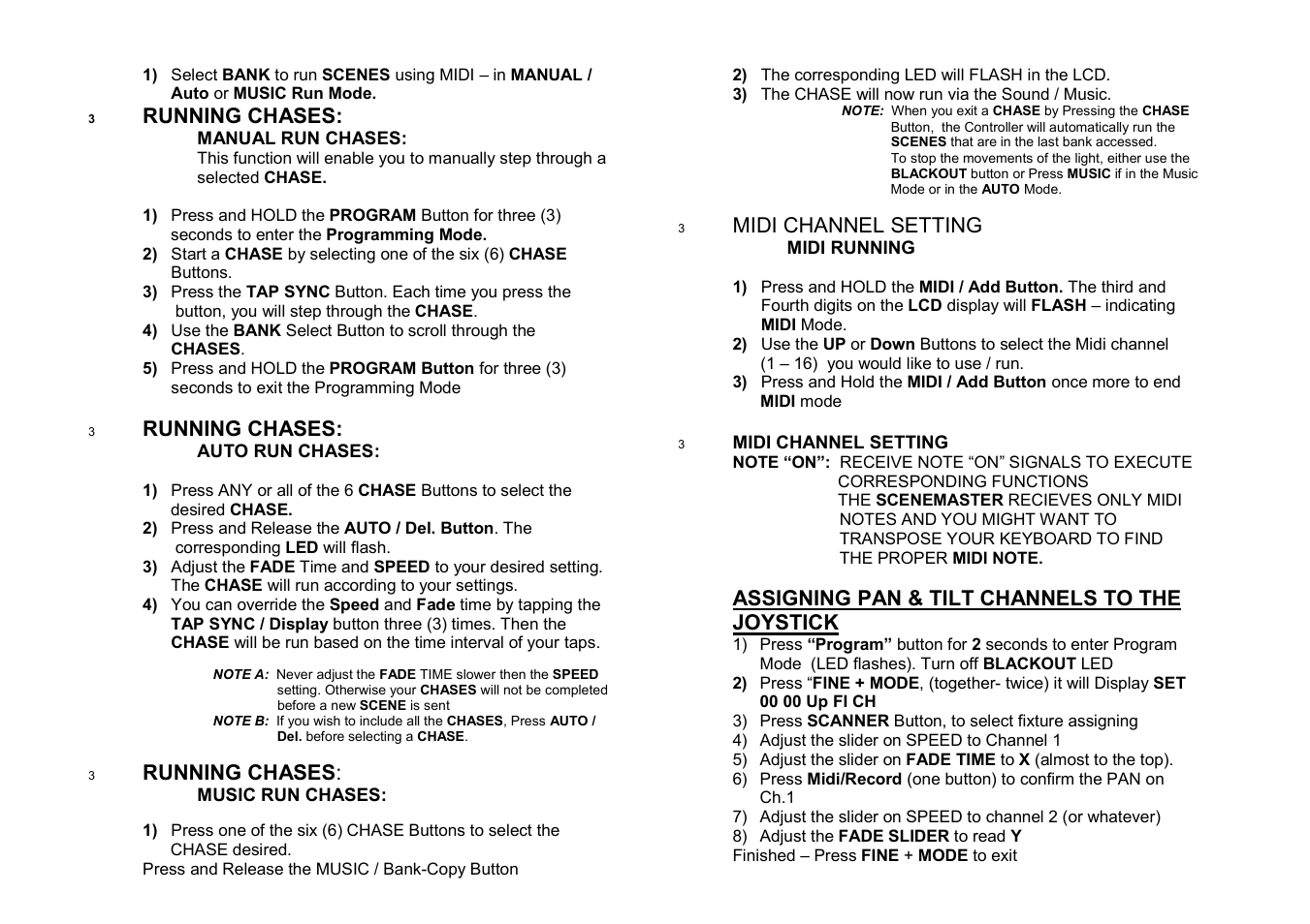 Running chases, Midi channel setting, Assigning pan & tilt channels to the joystick | Meteor C240 F Controller User Manual | Page 6 / 7