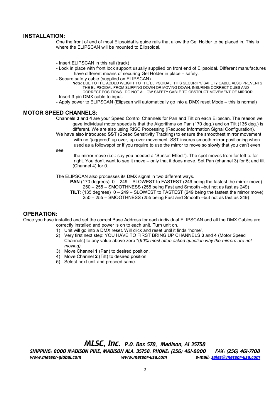 Mlsc, inc, Installation, Motor speed channels | Operation | Meteor Elipscan User Manual | Page 2 / 4