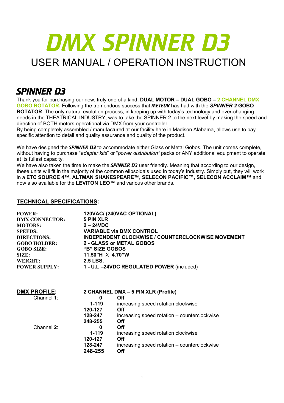 Meteor Spinner D3 User Manual | 3 pages