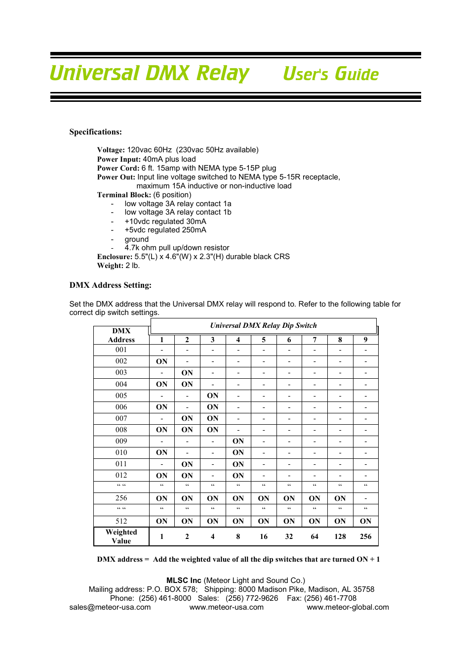 Meteor DMX Relay User Manual | 3 pages