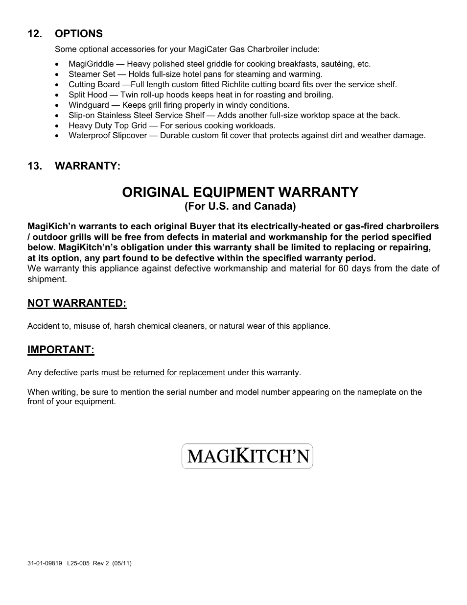 Original equipment warranty, Options, Warranty | For u.s. and canada), Not warranted, Important | Magikitch'n LPCGA User Manual | Page 15 / 15