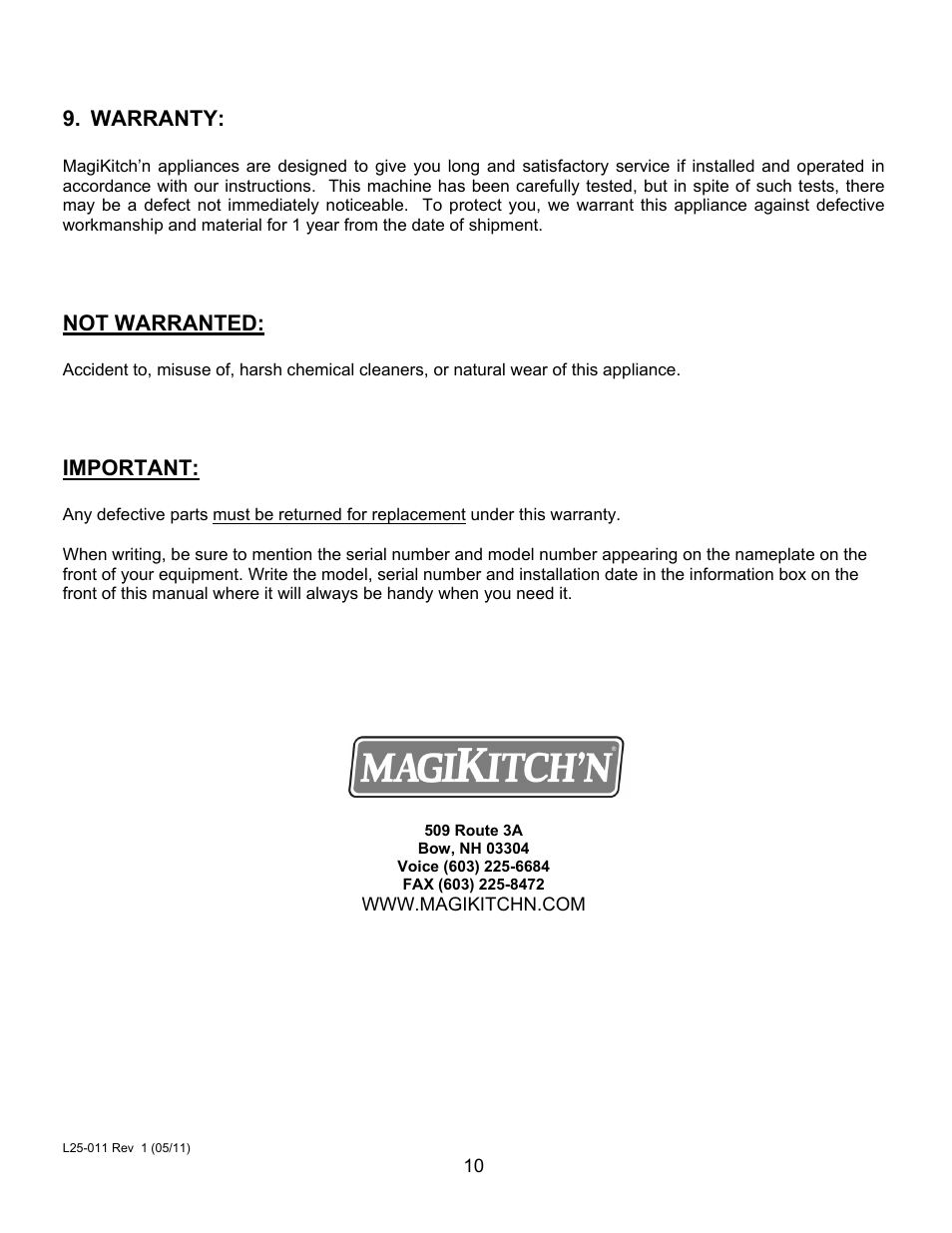 Warranty, Not warranted, Important | Magikitch'n NPG-60 User Manual | Page 12 / 12